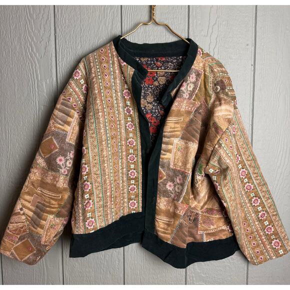 Vintage 70s Boho Patchwork Velvet Brocade Jacket – Floral Lined Kimono Style - Picture 1 of 7